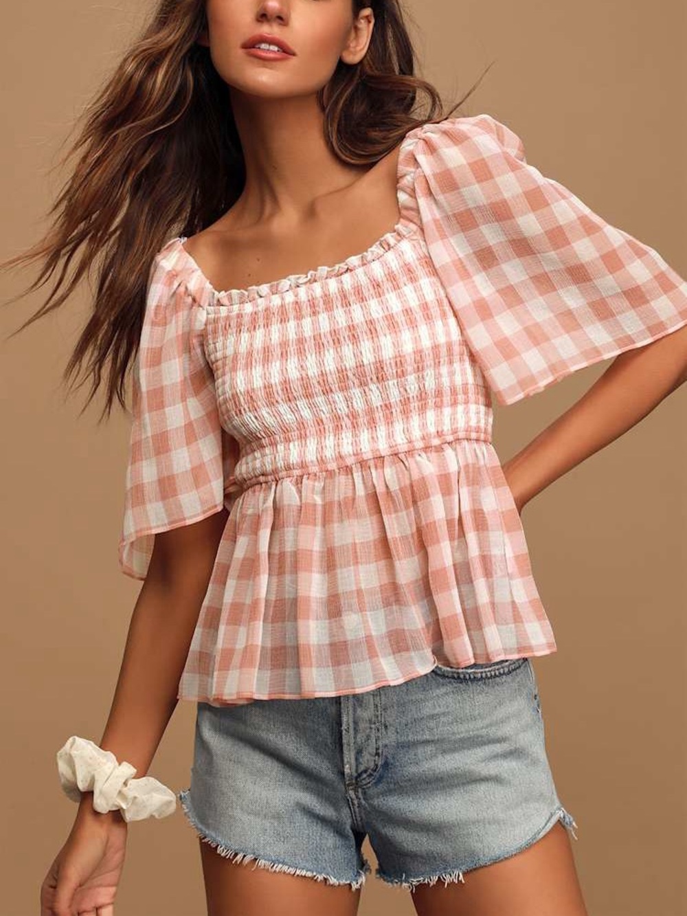 Lulus Medium On Cloud Nine Pink Gingham Smocked Peplum Top Square Neck